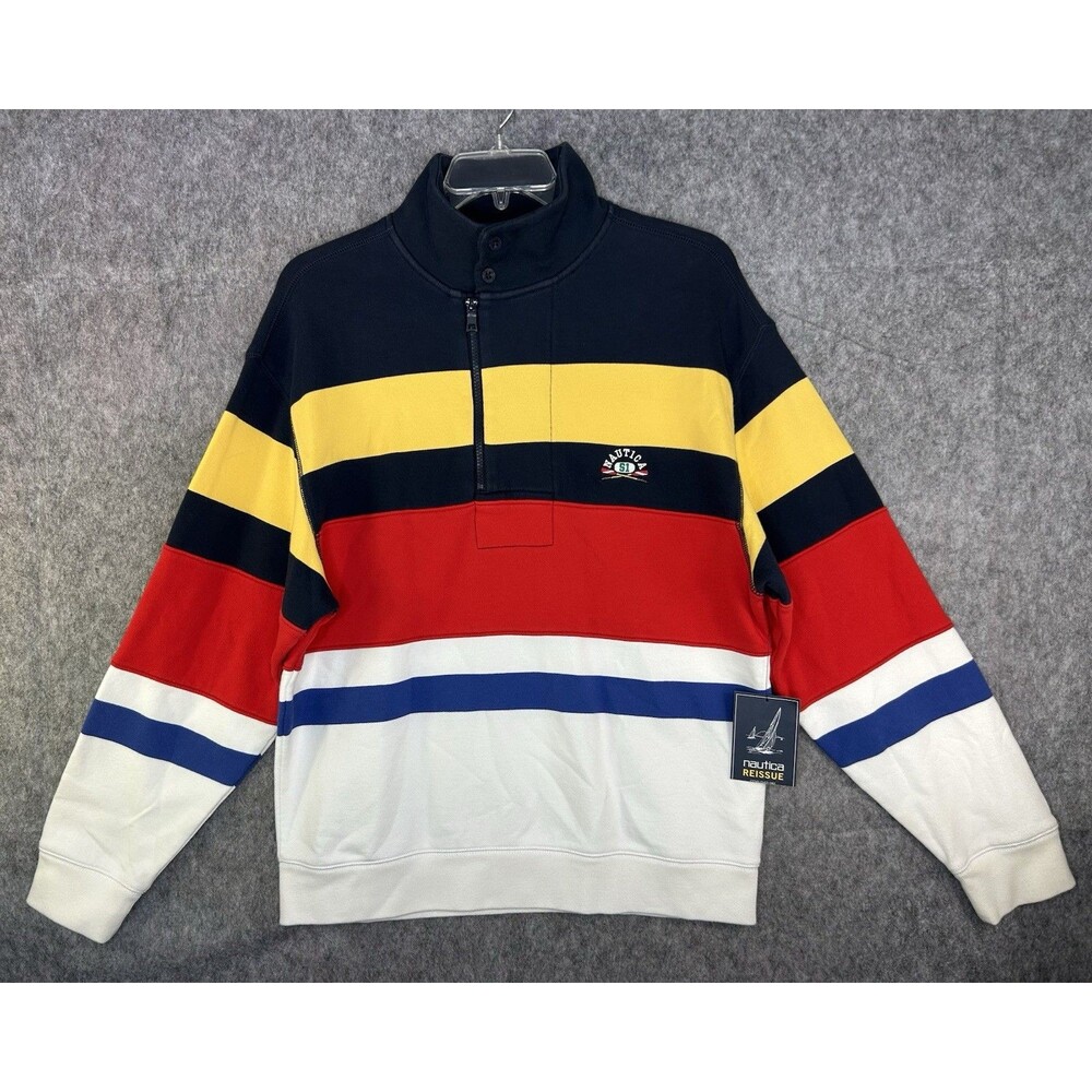 Nautica Rugby Long Sleeve Polo Shirt Men's Medium Color Block Striped 1/4 Zip